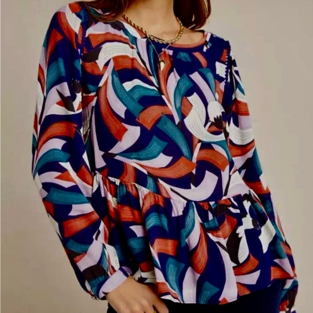 Maeve by Anthropologie Artsy Blouse Top Nature Birds Flowy Multi Sz Petite L *D